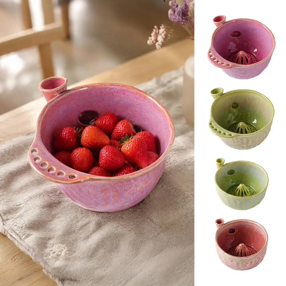 Fruit Washing Bowl Food Preservation Plate Ceramic Berry Washing Bowl with Drainage Hole 360° Self Rinsing Fruit for Kitchen