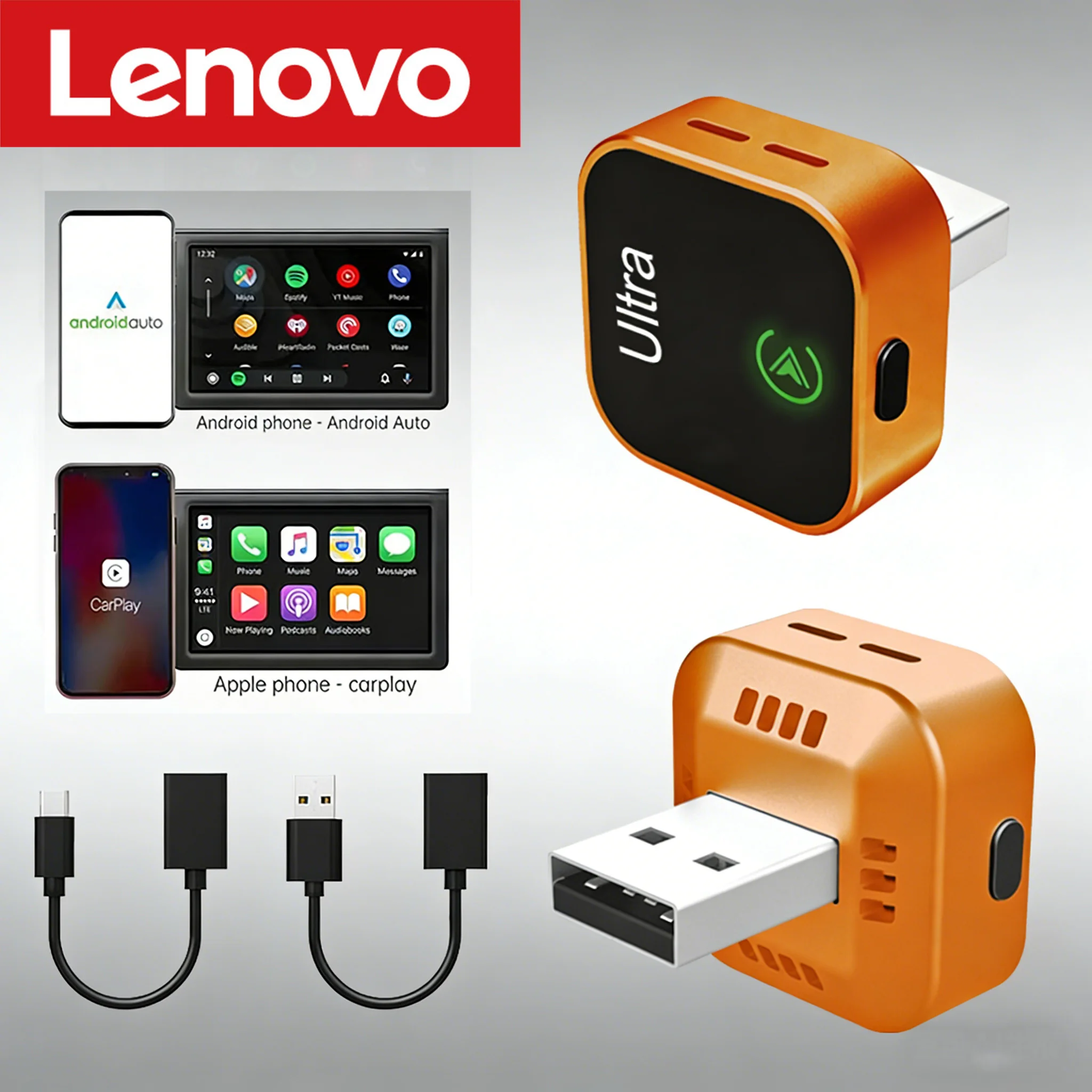 

Беспроводной автомобильный адаптер Lenovo 2-в-1 Smart CarPlay Box, обновленная версия, Android Auto, Plug-and-Play для систем Android