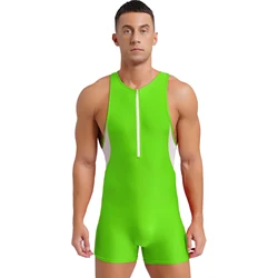 Mens One Piece Swimsuit Wrestling Singlet Jumpsuit Sleeveless Hollow Out Mesh Zipper Bodysuit for Gym Workout Fitness Swimming