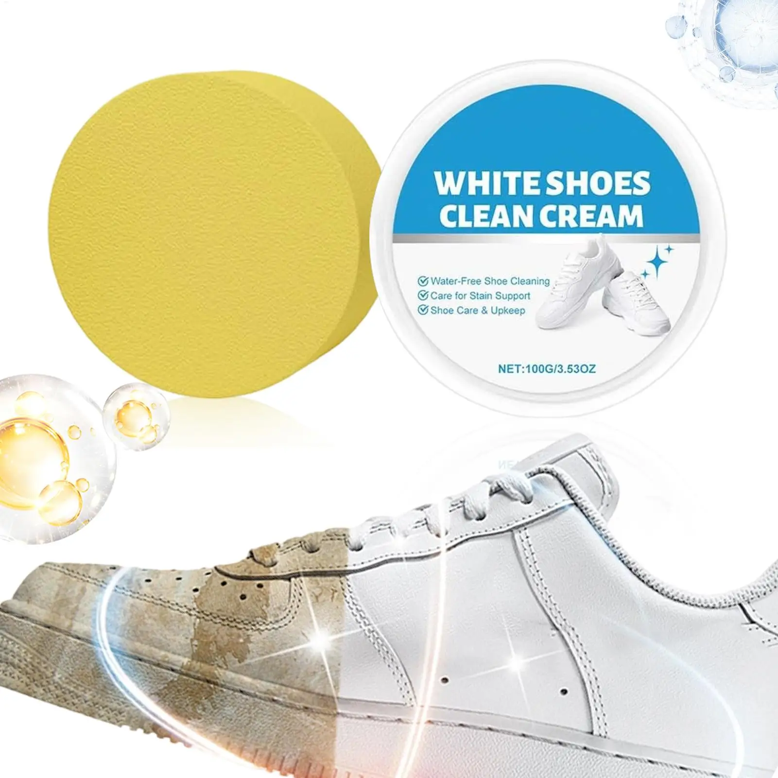 

Крем для чистки белой обуви 100 г, средство от пожелтения и пятен с губкой, набор для чистки кожи, сетки, резины, холста для ботинок и обуви