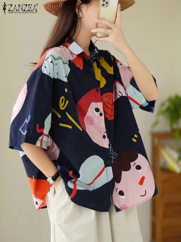 

Модные топы с короткими рукавами ZANZEA, богемные рубашки с героями мультфильмов, лето 2029, корейские однобортные туники, повседневные женские свободные Blusas Femme