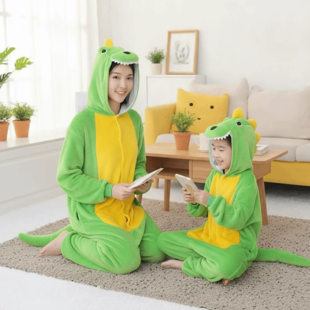 Outfits Flanell-Pyjamas Cartoon Grüne Overalls Warme Bequeme Tier-Cosplay-Kostüme für Frauen – Detail 6