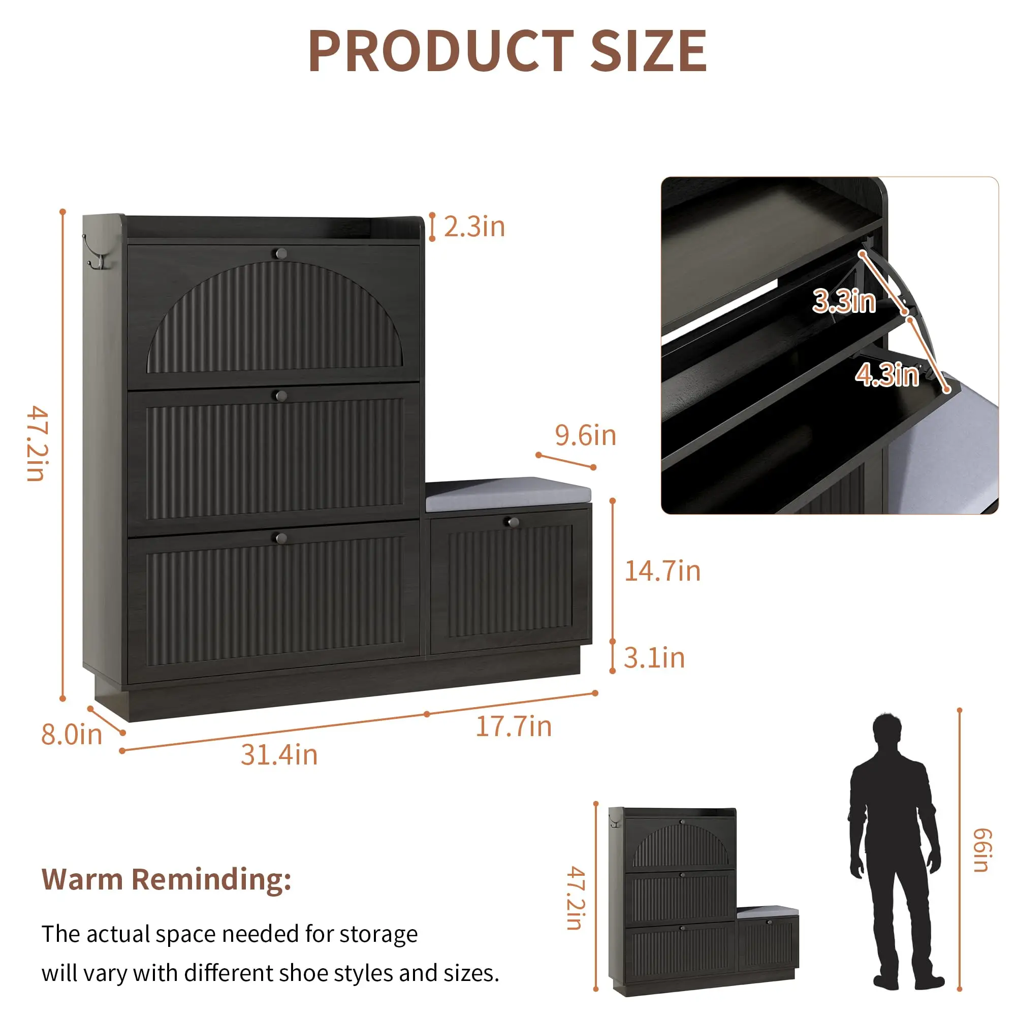Shoe Cabinet with Bench for Entryway & 4 Flip Drawers (Black)