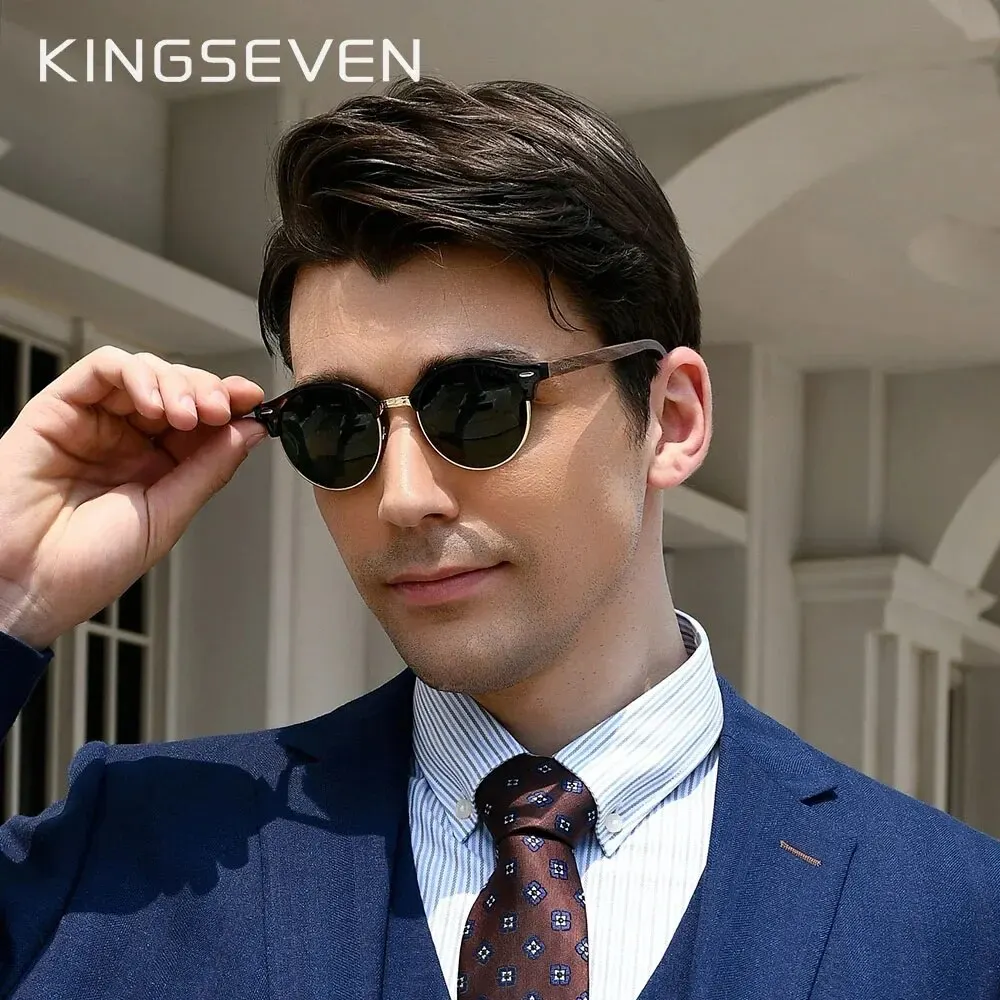 KINGSEVEN Fashion Handmade Walnut Round Sunglasses For Men Women Wood Polarized UV400 Glasses High Quality Accessory Eyewaer