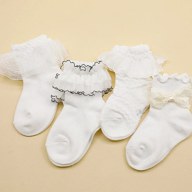 الدانتيل كشكش الطفل الجوارب الصيف شبكة رقيقة الأميرة الاطفال الأبيض الجوارب القصيرة لطيف القوس 1-3 سنوات فتاة جوارب قطنية #2