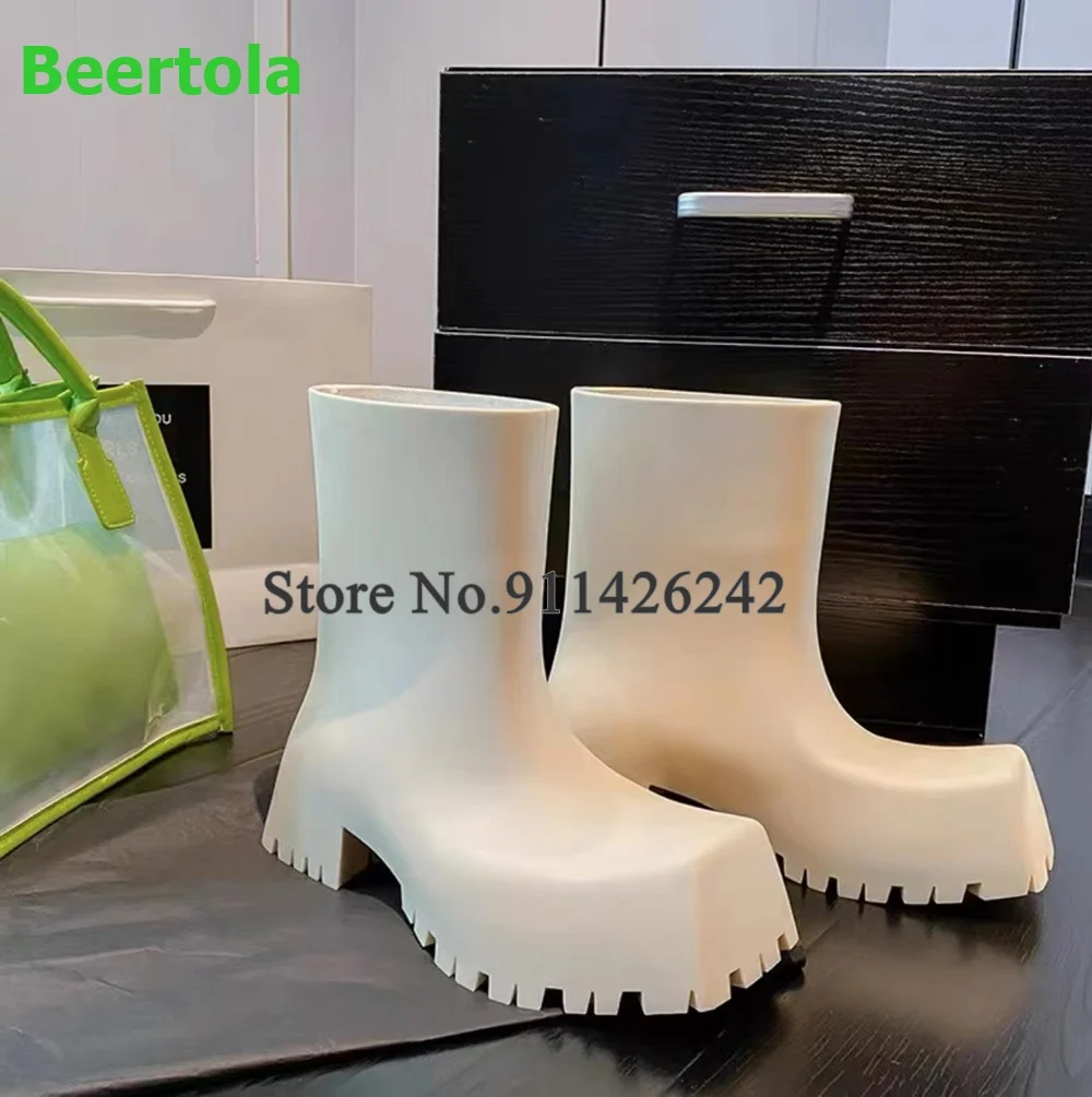 Square Toe Thick Sole Solid Luxury Rain Boots For Female 2024 Ankle High Slip-on Non-slip Hot Sale Casual Fashion Shoes