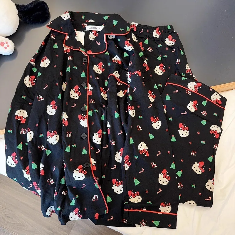 Cartoon Anime Sanrio Hello Kitty Can Be Worn Outside The Pajamas Kawaii Long-sleeved Pants Suit Loose Leisure KT Cat Homewear