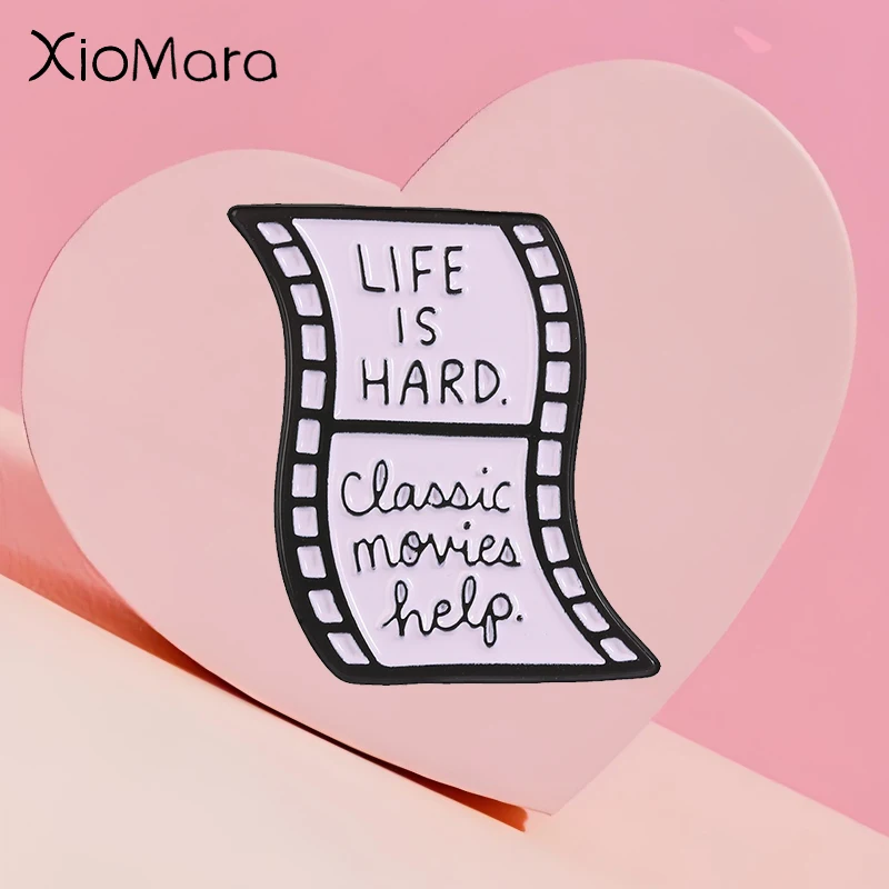 Life is Hard Classic Movies Help Enamel Badge Retro Curved Film Strip Movie Lover Pin Lapel Backpack Decor Brooch Jewelry Gift