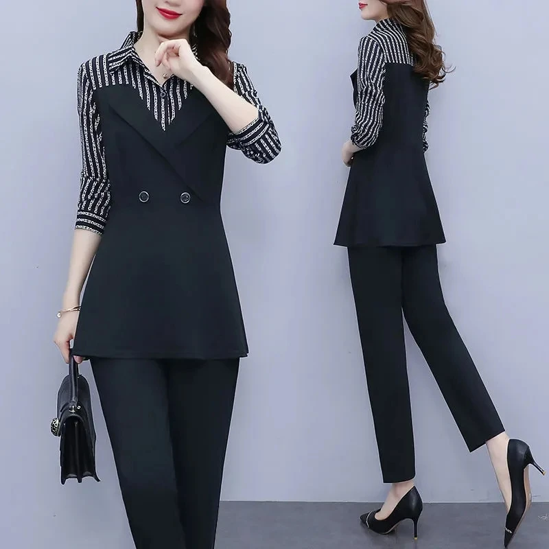 Large Size Spring Autumn Women Outfit New Patchwork Striped Shirts + Pants 2PCS Office Ladies Casual Fashion Sets Suit