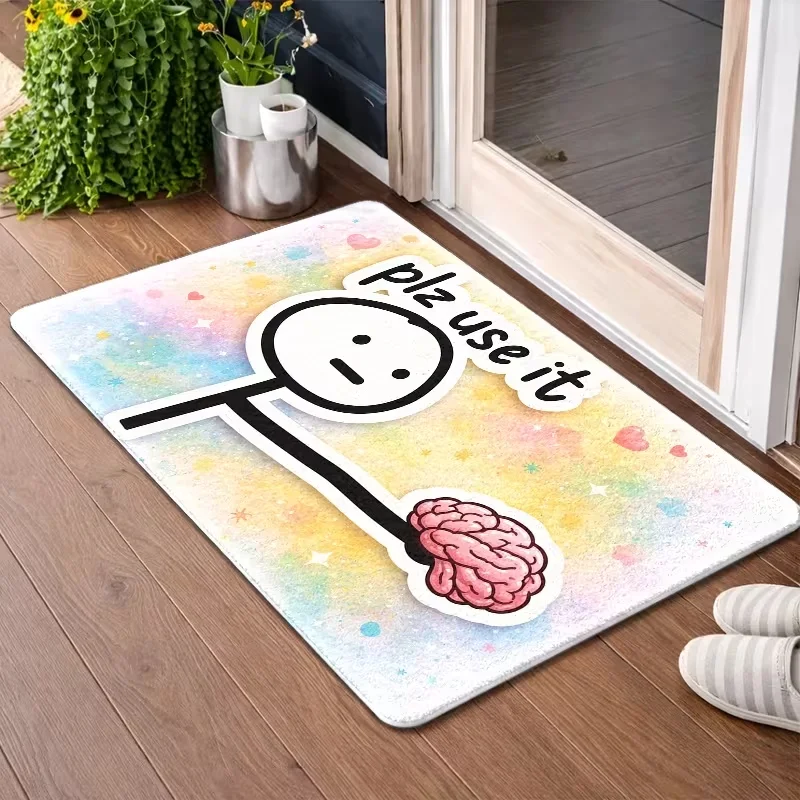 Funny Stick Figure Brain Plz Use It Door Mat Non Slip Entrance Doormat Rainbow Splash Heart Star Print Dirt Trapping Floor Rug