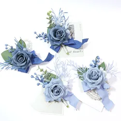 Dunkelblaue Boutonnieres für Hochzeit, künstliche Blumen, Corsage-Armband, Brautjungfern, Bräutigam-Anstecknadeln, handgefertigt, akcesoria ślubne
