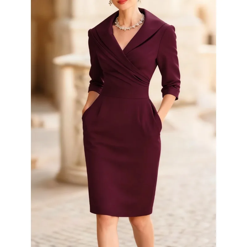 Women Elegant V Neck Midi Dress High Waist Slim Bodycon Pencil Dress Polyester Casual Office Party Dress