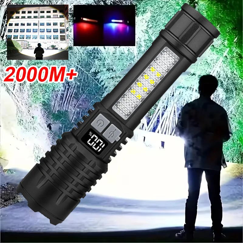 Most Powerful Flashlight With Side Light 5 modes Long Range 2000m Rechargeable LED Flashlight Tactical Torch Emergency Spotlight