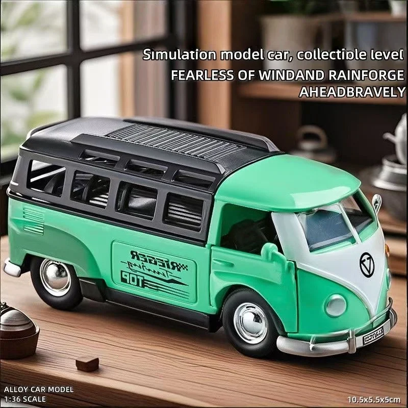 Modelo de carro de simulação em escala 1:36 - ônibus retrô pull-back de liga amarela/azul/verde com portas aberturas e compartimentos removíveis