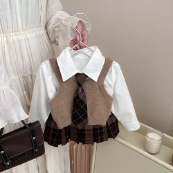 Girls Autumn College Style JK Suit New Children Fashion Style Shirt Knitted Vest Pleated Skirt Three-piece Set Solid Sets