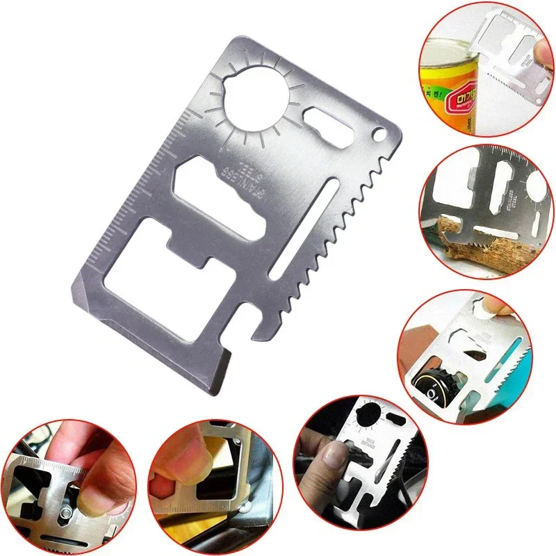 Car Outdoor Multi function Saber Card 11 in 1 Portable Stainless Steel Tool Knife Universal Survival Card Leather Bag Tools 1pc