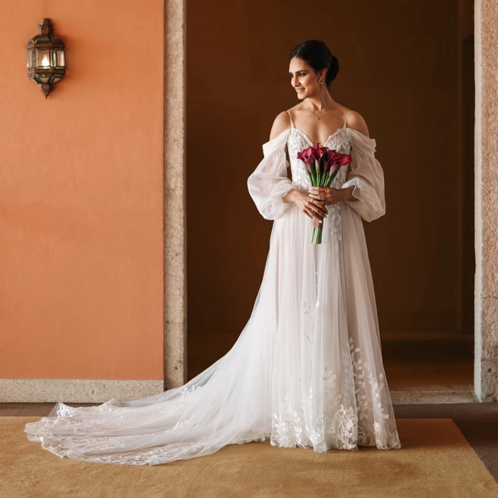 Embroidered Lace Long Bishop Sleeves Modern Wedding Dress Customized Big Size Off Shoulder Spaghetti Straps Tulle Bridal Gowns