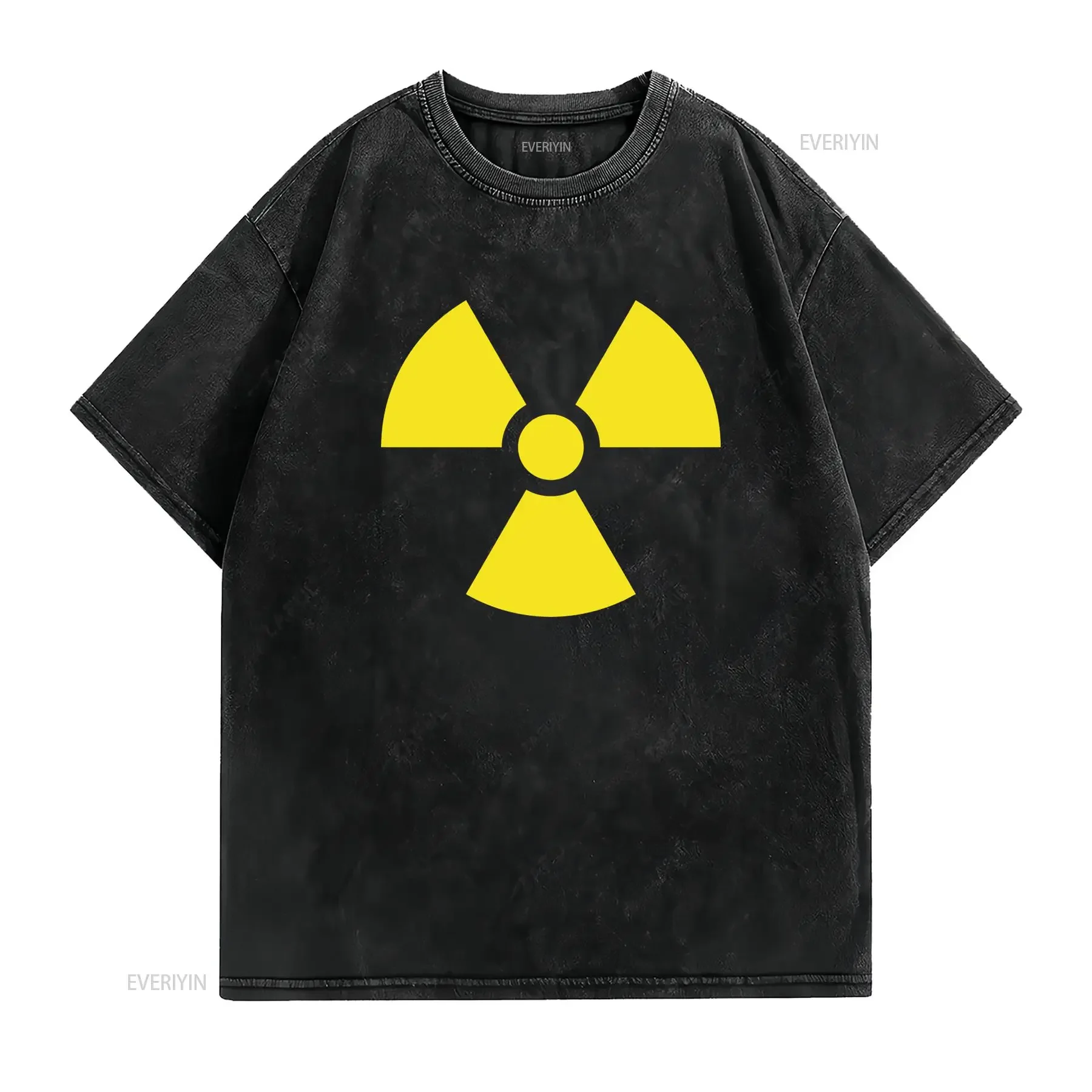 Cool Streetwear Yellow Radioactive Warning Symbol Print Casual T Shirt vintage Washed Comfortable streetwear Breathable