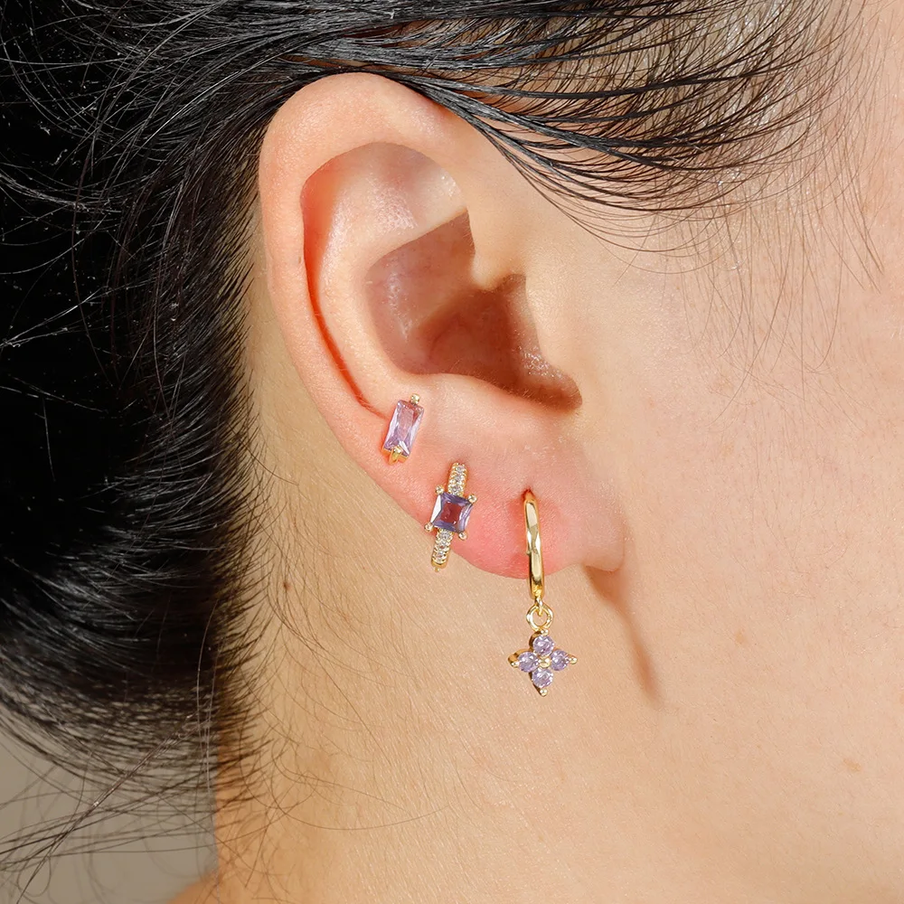 3PCS Fashion Stainless Steel Geometric Square Hoop Earring Set For Women Sparkling Colorful Zircon Earring Piercing Jewelry Gift