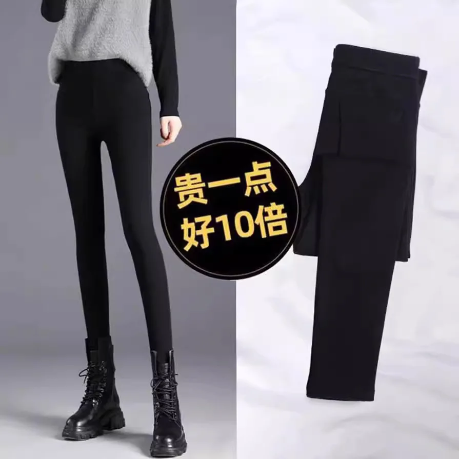 

Women's Black Faux Denim Leggings Autumn Winter Fleece Lined High Waist Tight Stretchy Pants Slim Fit Pencil Sport Warm Girl