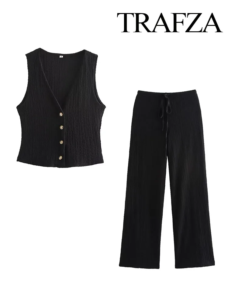 TRAFZA Women Pants Suit V-Neck Single Breasted Solid Texture Casual Vest Top+Elegant High-Waisted Drawstring Wide Leg Pants