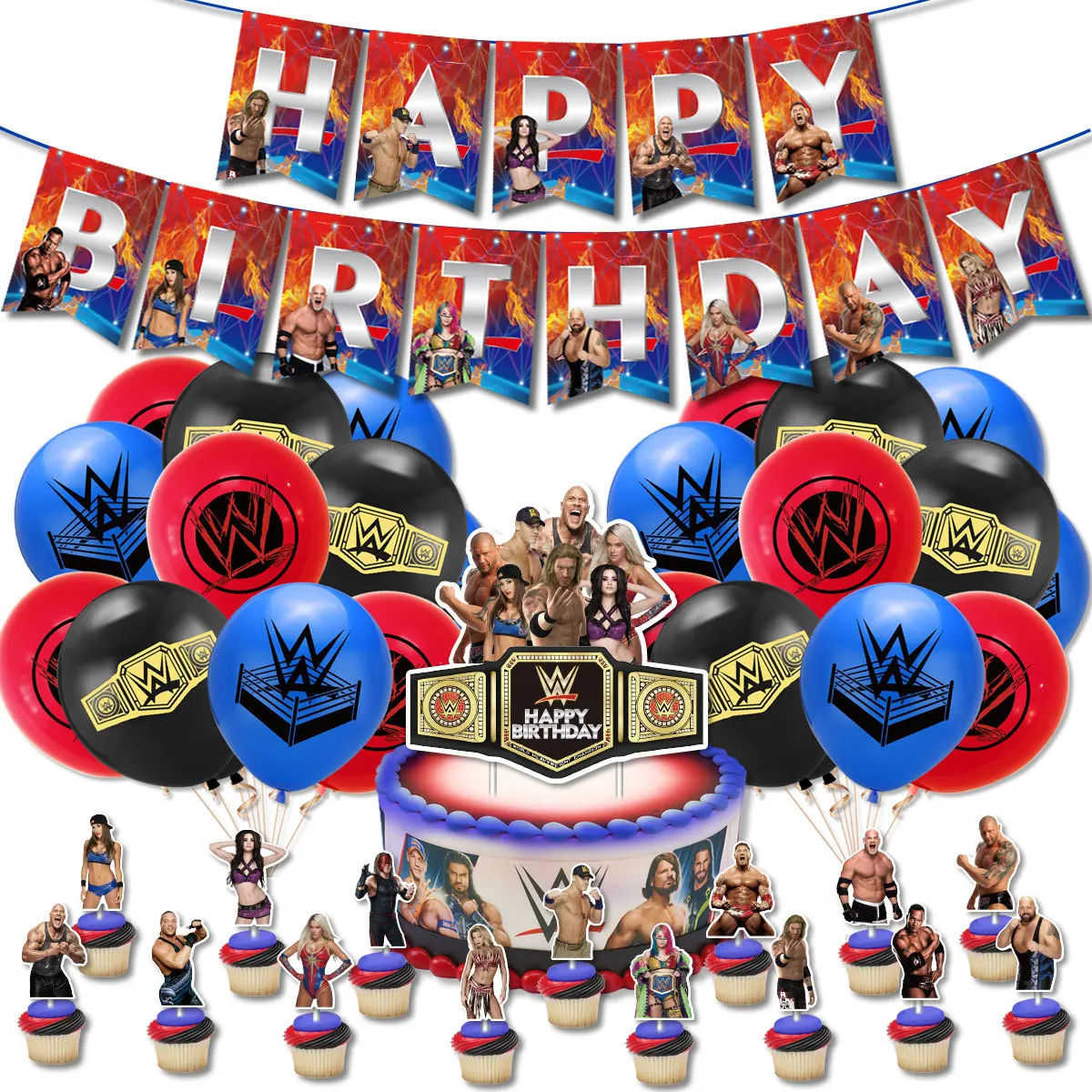 WWE Theme Party Supplies Professional Wrestling Entertainment Balloons Happy Birthday Banner Decoration Cake Topper Boys Favors