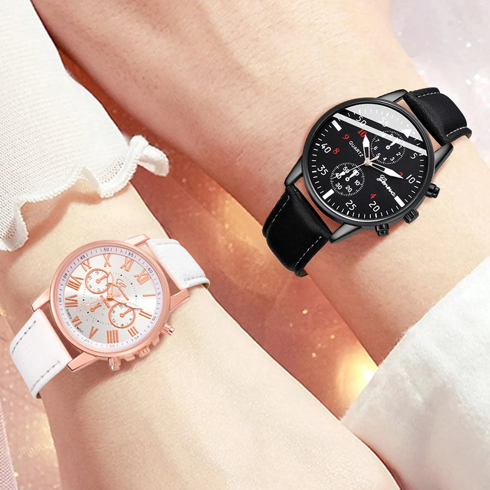 4 Piece Set Of Stylish Couple Watches Fashionable Leather Black And White Strap Women\'s Quartz Watch Bracelet Accessories Set