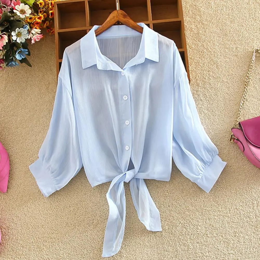 Beautiful Outdoor Shirt Lapel Breathable Tie Waist Casual Solid Color Summer Blouses