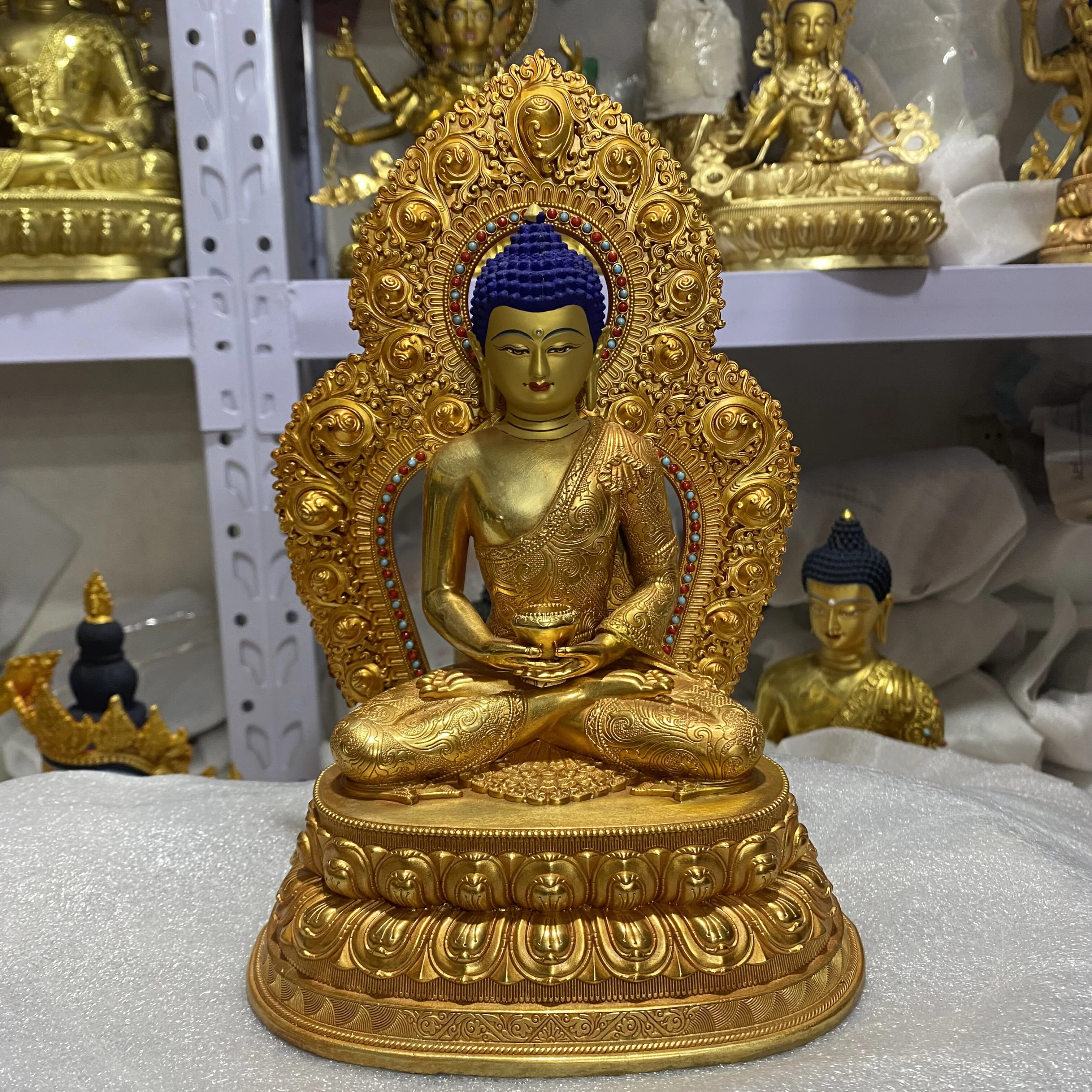 7-дюймовая тибетская тантрическая статуя Будды Амитабхи из позолоченной меди, с подсветкой, полностью медная статуя Будды Саньбао.
