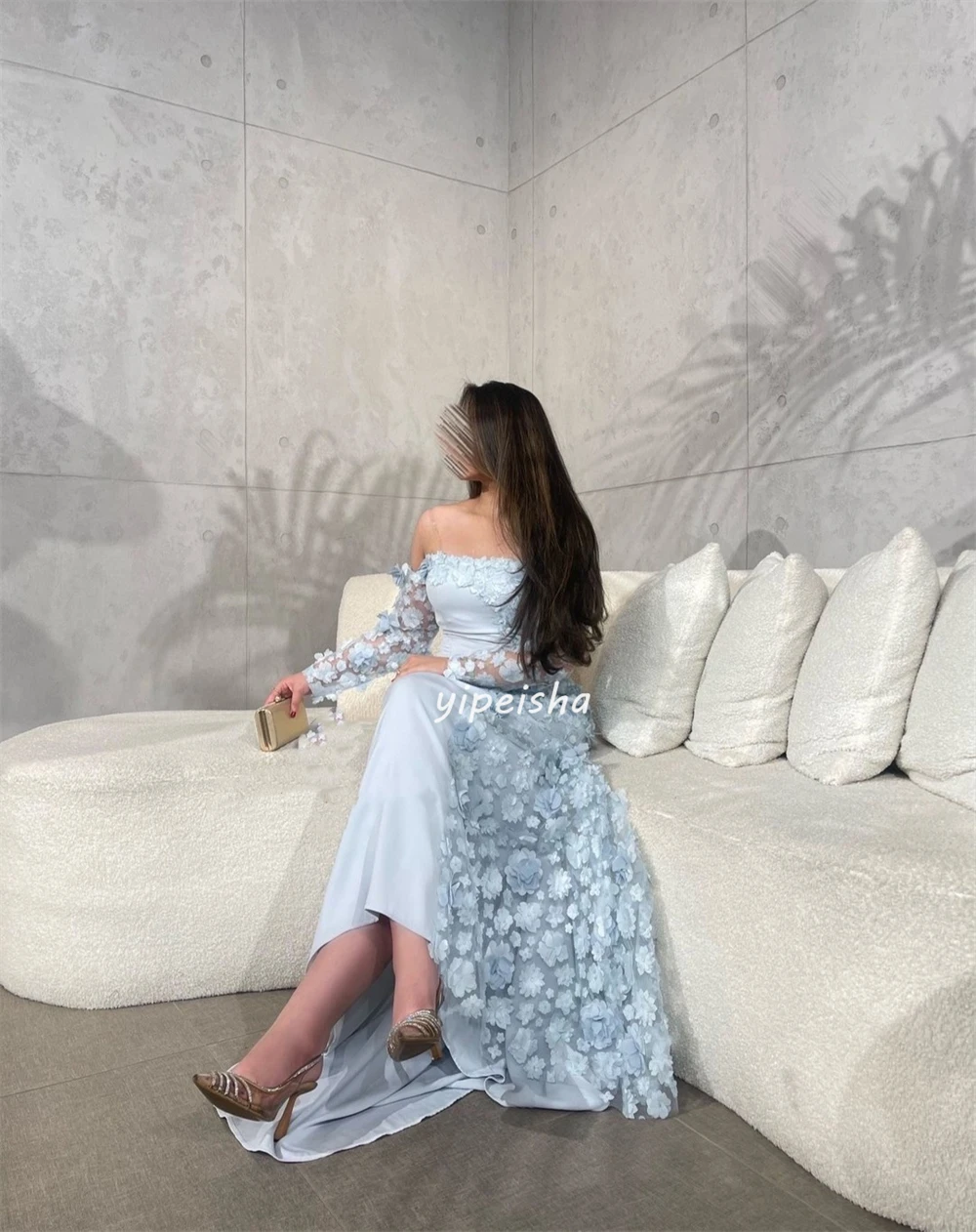 Customized Exquisite Jersey Applique Sequined Flower Handmade Flower Straight Off-the-shoulder Long Dresses Cocktail Dresses Sim