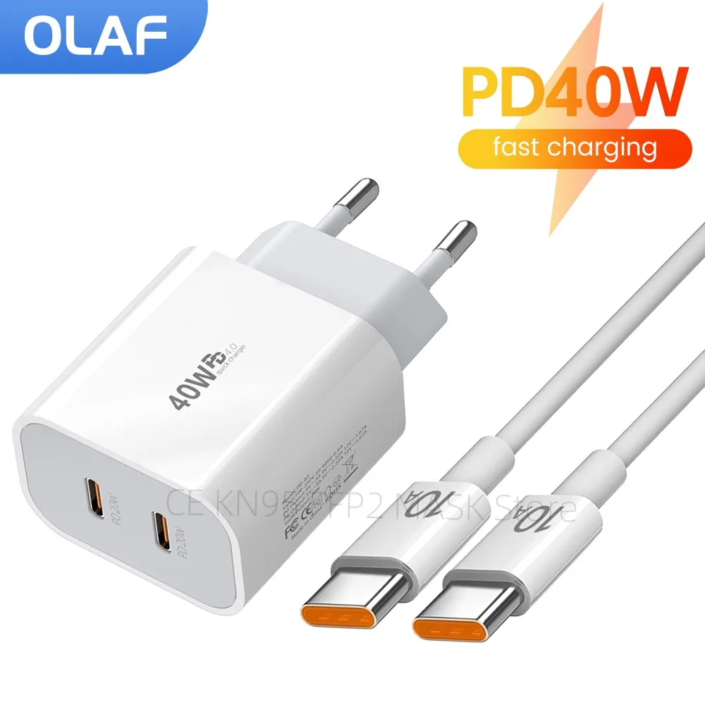 Olaf 40W USB C Charger Quick Charge QC3.0 PD Type C Fast Charger Phone Charger For iPhone Xiaomi Samsung Huawei 10A Type C Cable