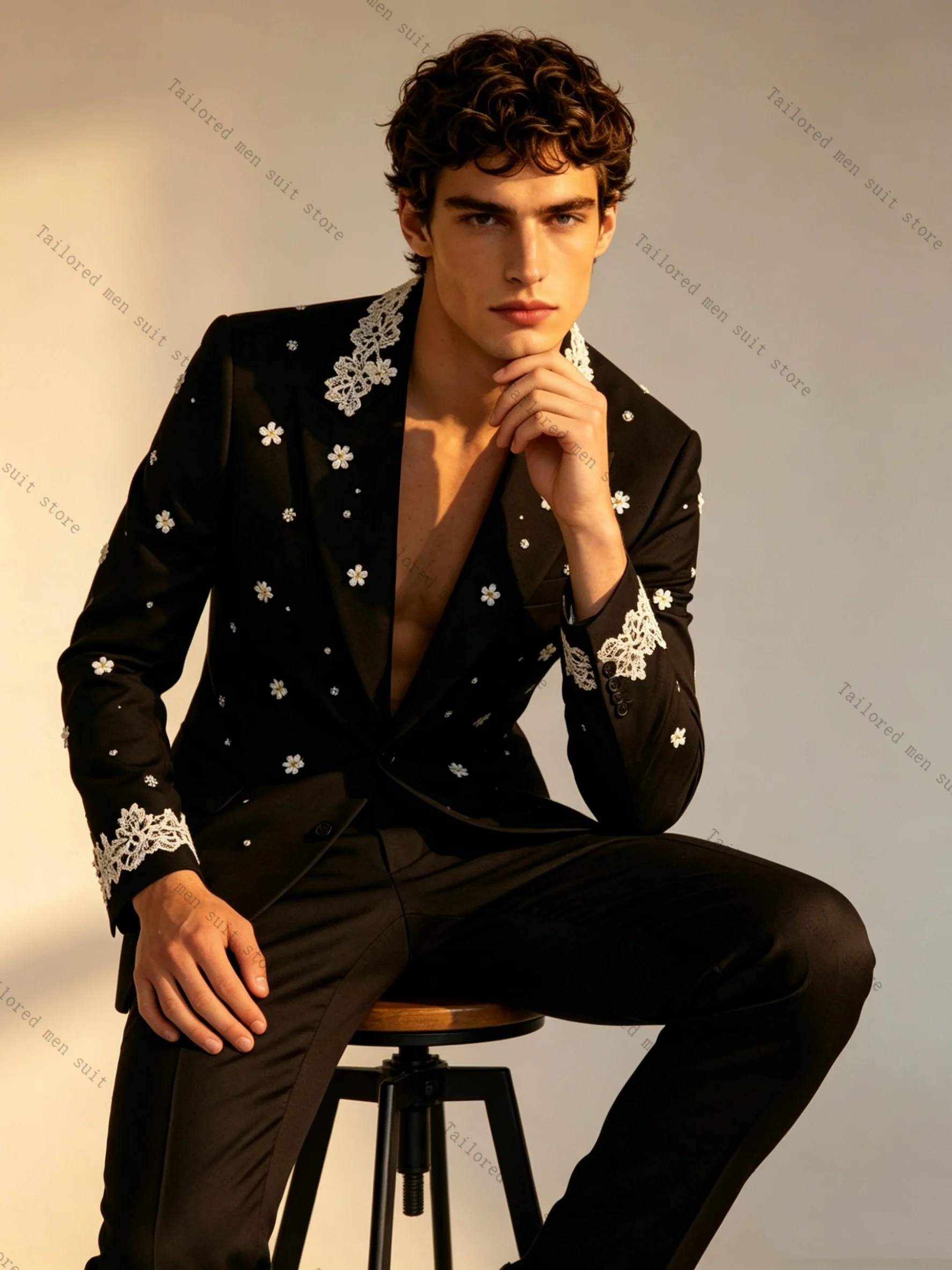 

Black White Men Suits Pants Set 2 Pcs Blazer+Trousers Cotton Flower Wedding Tuxedos Jacket Formal Office Business Coat Outfit