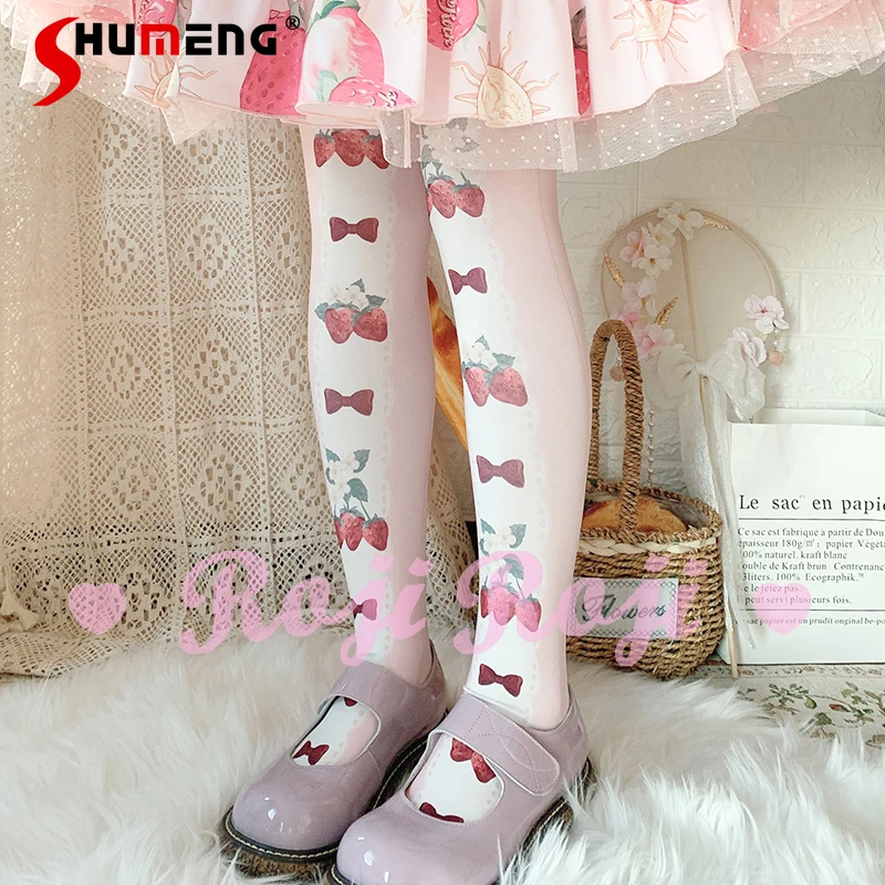 Strawberry Bow Lolita Socks Ladies Spring Summer 120D Velvet Printed Pantyhose Y2k Sweet Hosiery Japanese Rojita Style Tights