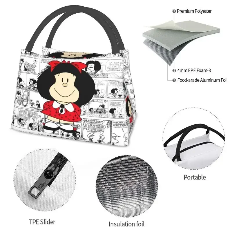 Mafalda Cartoon Quino Comics Thermal Insulated Lunch Bags Women Resuable Lunch Tote for Work Travel Multifunction Meal Food Box