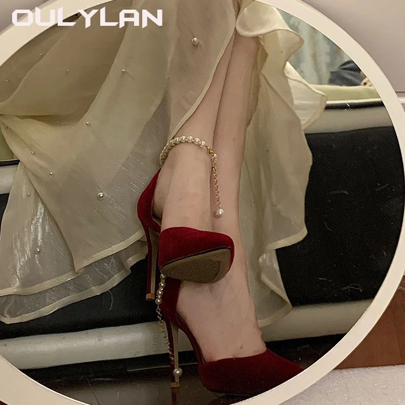 NEW Shoes Wedding Shoes Pointed Toe Fine High Heel Women\'s Shoes Metal Buckle Strap Sexy Bridal Bridesmaid Shoes Red Heels