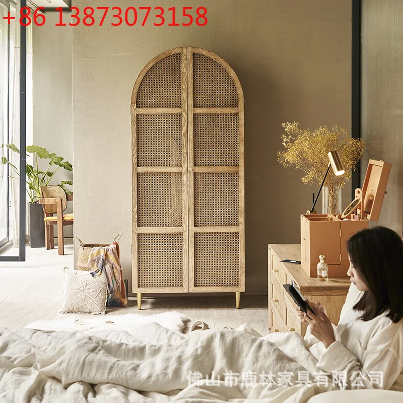 

Шкаф для хранения в стиле ваби-саби из массива дерева, для дома и спальни, с двойными дверцами из ротанга, простой, с ящиками, большой вместимости