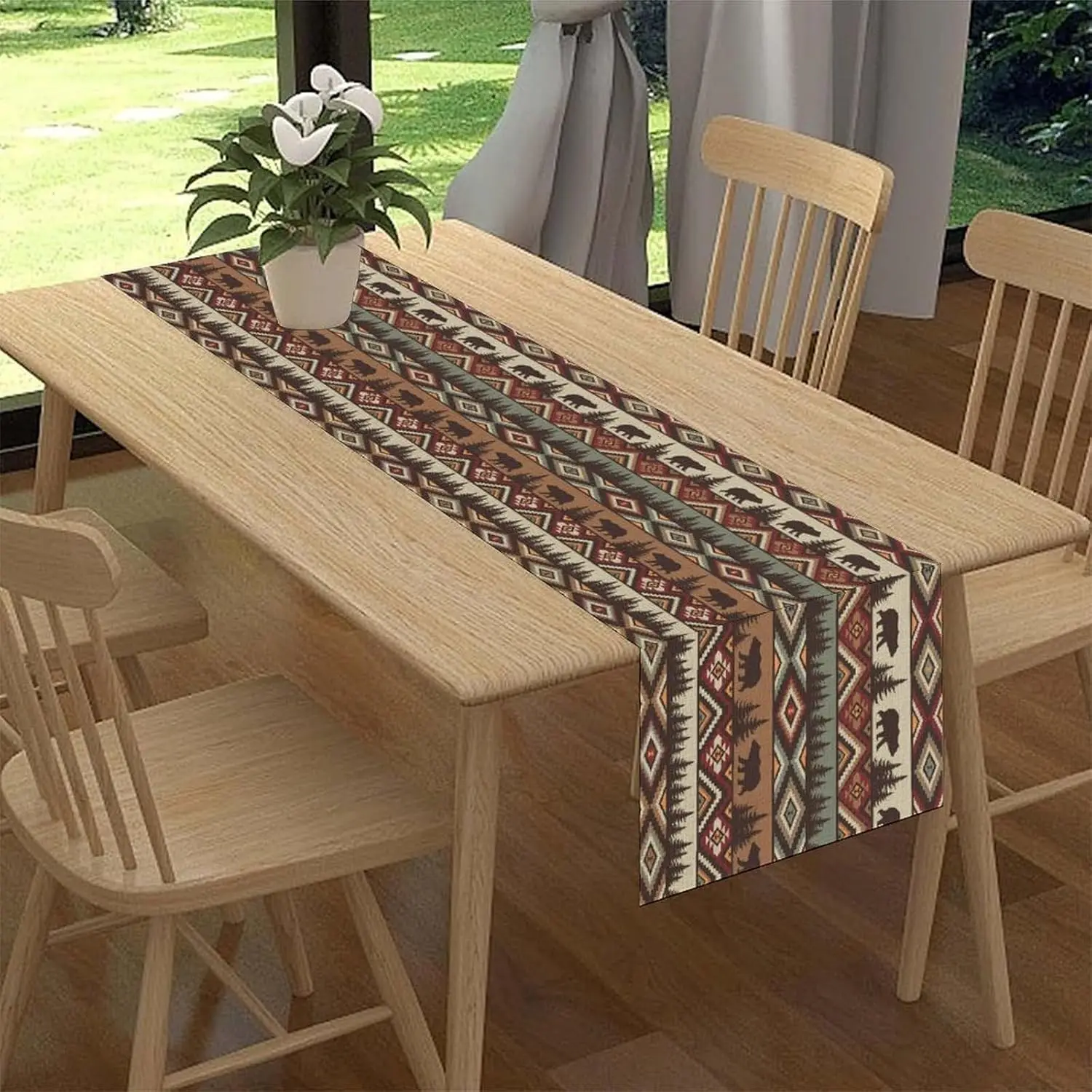 Aztec Tribal Forest Trees Animal Bear Linen Table Runner Holiday Party Decor Rustic Geometric Pattern Table Runners Party Decor