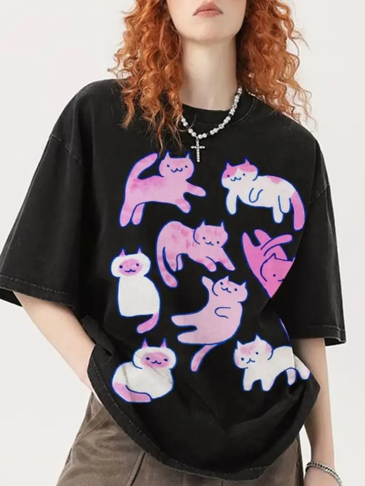 Kawaii Y2k Style Cotton T-Shirt Color Smudged Kitten Print Crew Neck Shoulder Down High Quality Designer New Trend Short Sleeves