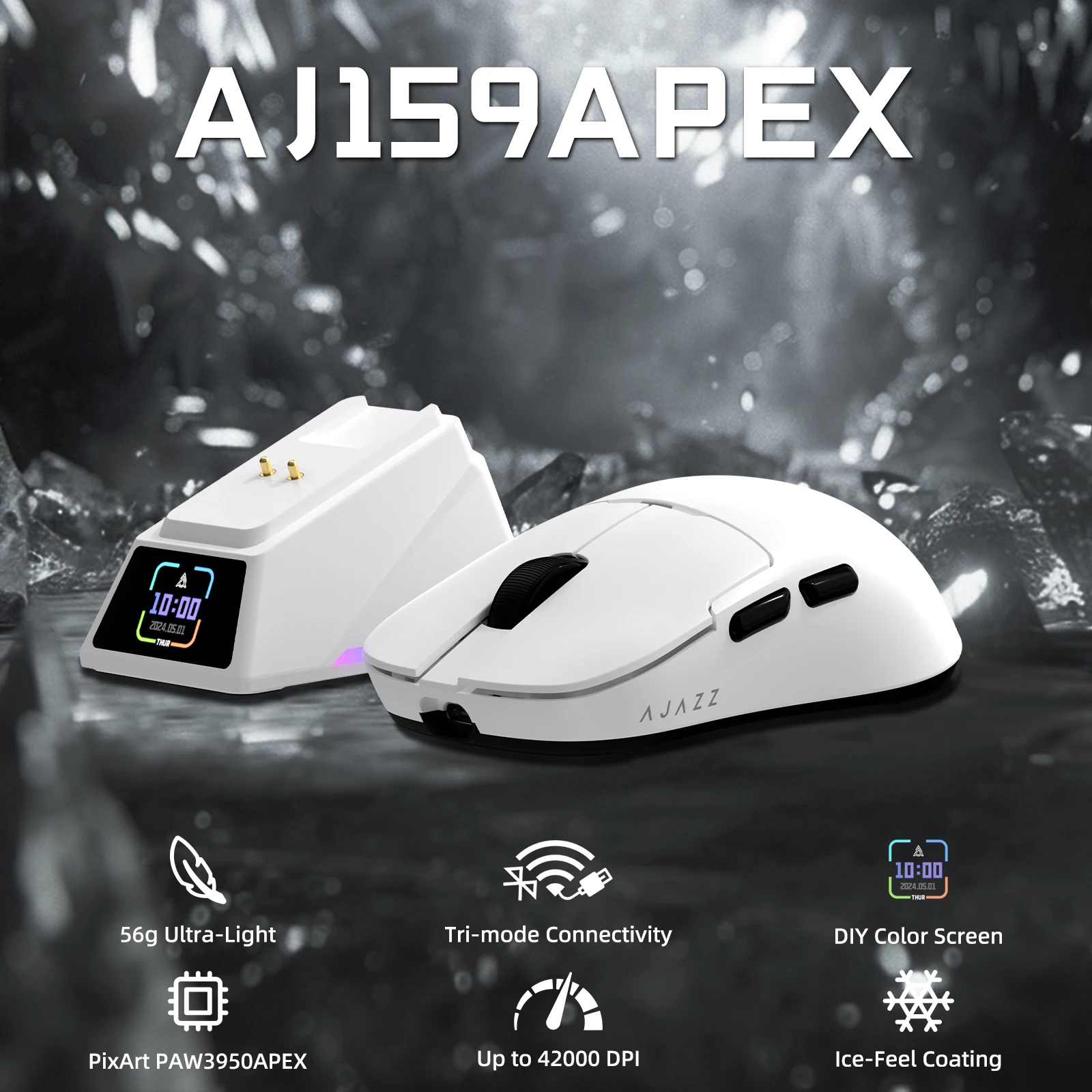 

AJAZZ AJ159APEX Беспроводная игровая мышь 8 кГц Сверхлегкая зарядная док-станция с магнитным экраном PAW3950 BT/2,4 ГГц/Type-c Проводная программируемая