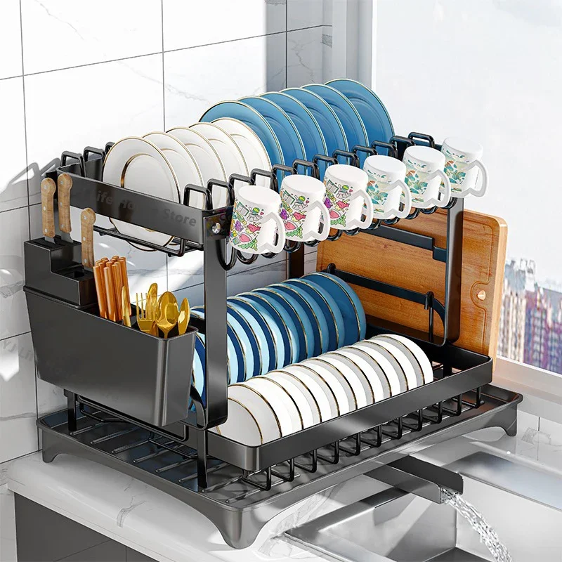 Double-layer Kitchen Dish Bowl Drainer Storage Rack Household Tableware Drain Chopsticks Knife Fork Water Cup Storage Holder
