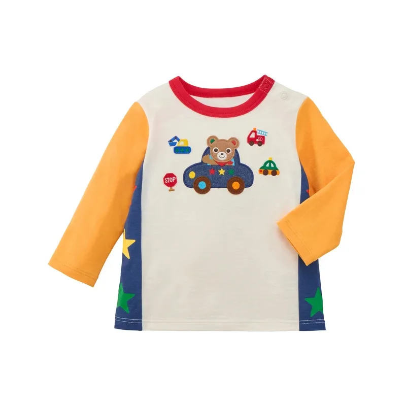 Fashion 2026 New Autumn Boys Long Sleeve T-shirt Cartoon Bear and Car Embroidery Star Print Color Block Crew Neck Tops 80-130