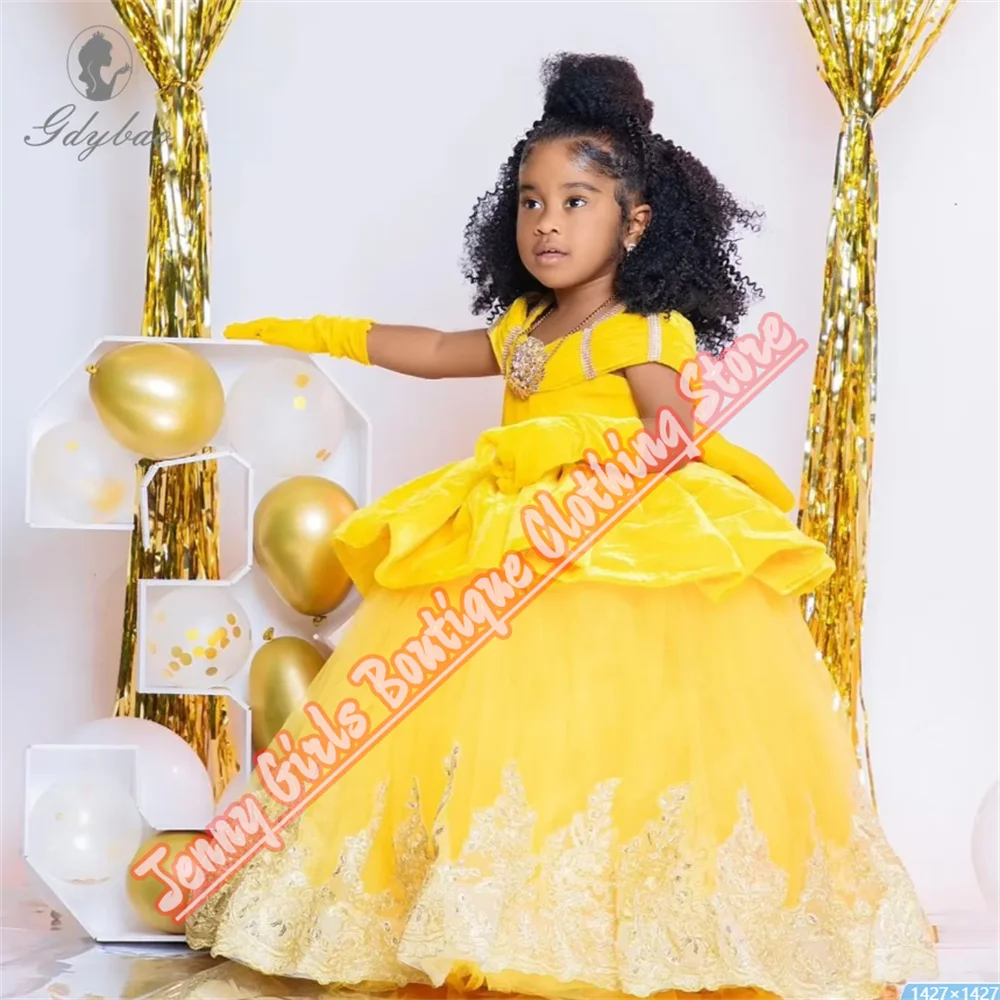 

Yellow African Cute Girls First Birthday Party Dress 2025 New Flower Girl Dresses Princess Celebration Communion Prom