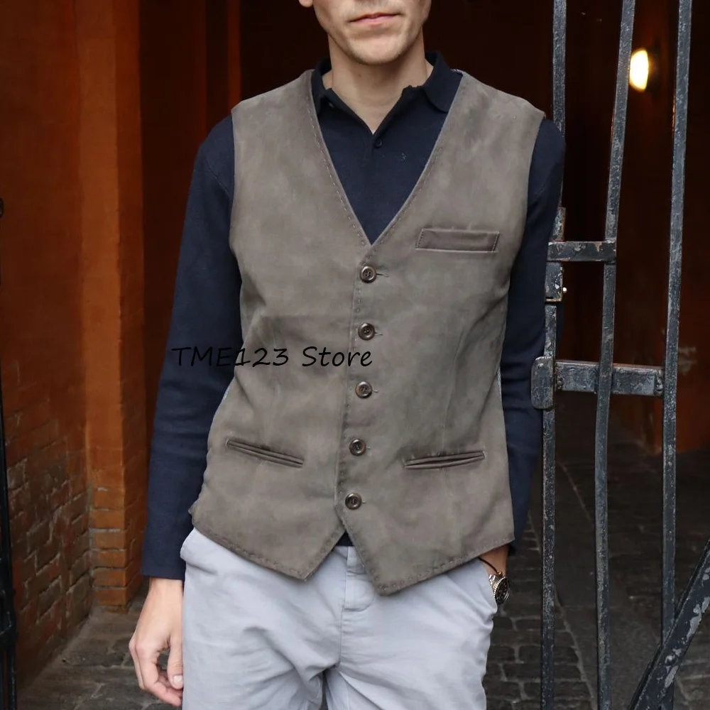 

Жилет без рукавов, социальный мужской жилет, замшевая ткань, повседневный модный костюм, однобортный рабочий винтажный костюм с прямыми карманами и v-образным вырезом