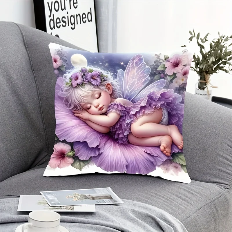 Dream Flower Fairy Print Pillow Cover, Single-Sided Design, Removable & Washable, Bedroom Bedside Cushion Cover