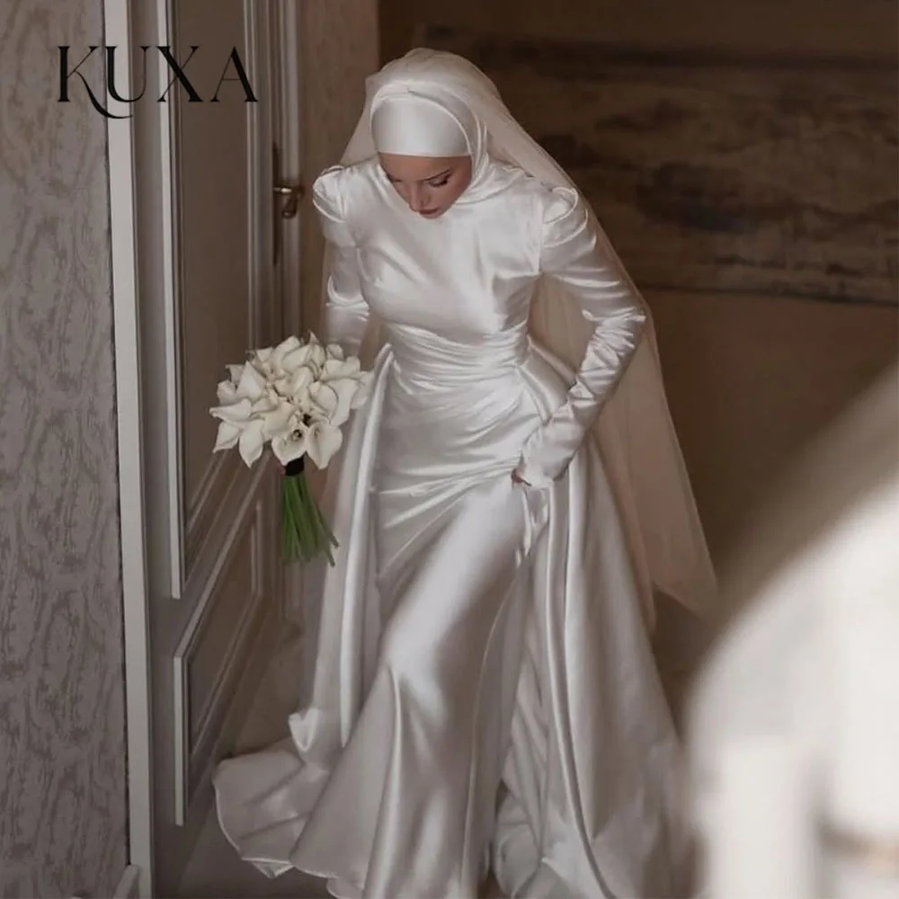 KUXA Luxuriöse muslimische Brautkleider, Meerjungfrau, langärmelig, Stehkragen, Satin, formelle Brautkleider, elegant, individuell gestaltet 2026