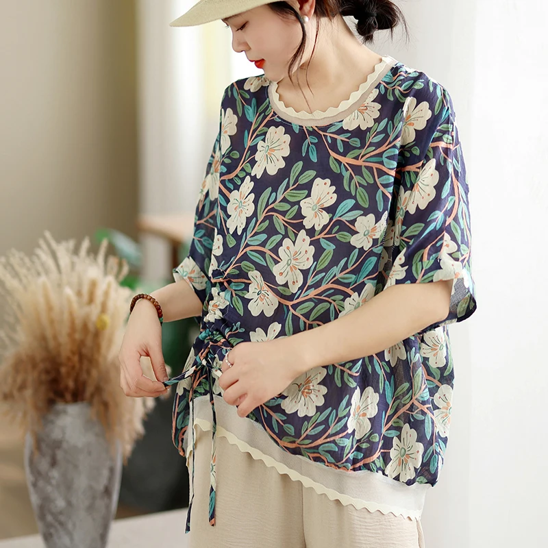 

Lightweight Loose Retro Print Overhead Pocket T-Shirt Women's Soft Skin-friendly Sun Protection Shirt Drawstring Large Size