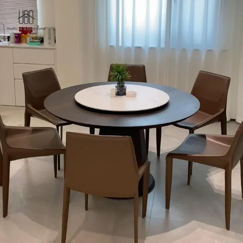 Italian Minimalist Solid Wood Dining Table and Chair Set Small Apartment Rotating Round Table with Turntable Rock Slab Top
