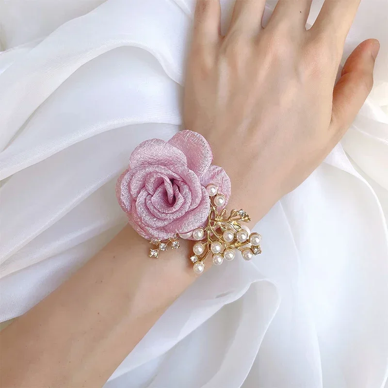 Pulsera de boda con ramillete de muñeca de rosas de tela para dama de honor, novias, flor de mano, rosas falsas, pulsera de boda para invitados, accesorios