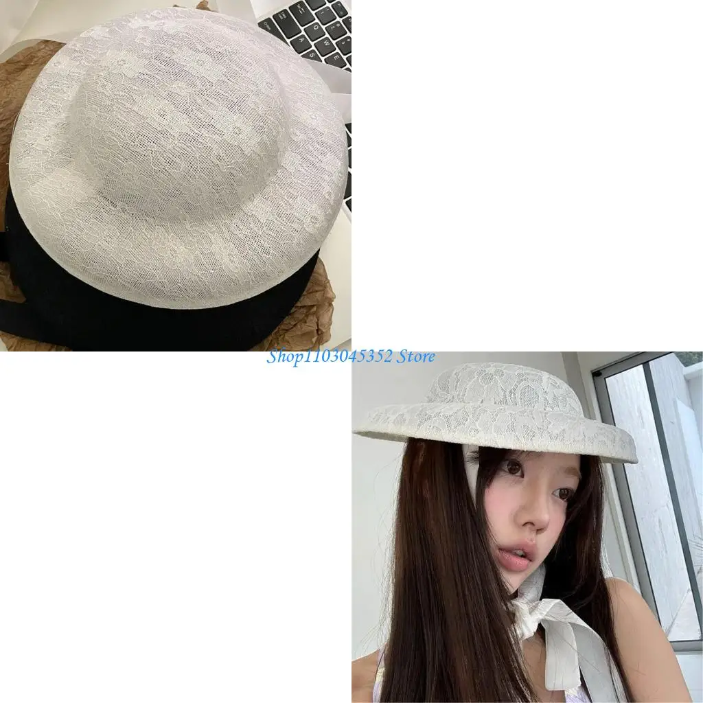 

Lace Bonnet Hat with Ribbon Necktie for Women Daily Various Occasion and Outfit