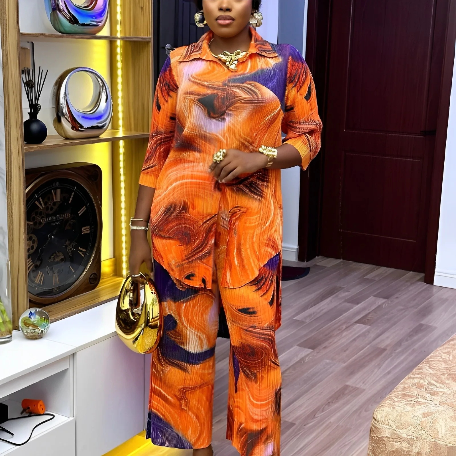

Miyake Pleated Lapel Contrasting Color Printing Two-piece Set Long-sleeved Straight-leg Pants Loose Women's Pants Set 2025 New